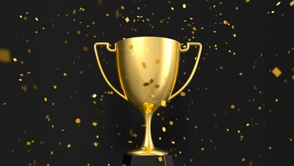 looping video of golden trophy with falling golden confetti, victory concept