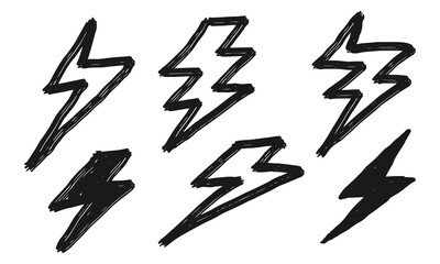 Poster - Set of Hand drawn electric lightning. Doodle thunder bolt and thunderstorm. isolated on white background. vector illustration