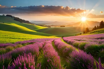 Wall Mural - lavender field at sunset generated ai