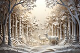 Fototapeta Młodzieżowe - A paper-cut Christmas wallpaper portraying deers in a forest, rendered in a warm white tone, capturing the essence of a peaceful winter landscape. Photorealistic illustration, Generative AI