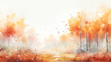 Watercolor Background Autumn Rain In Forest. 