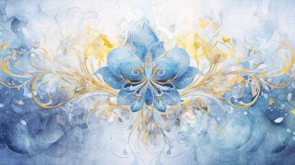  watercolor floral background.  Golden white and blue Psychedelic Glowing floral Patterns background.