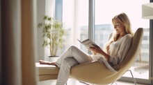 Young Woman At Home Sitting On Modern Chair In Front Of Window Relaxing In Her Living Room Reading Book, Instagram Toning
