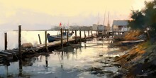 Digital Painting Showing Jetty And Fishing Boats At Harbor