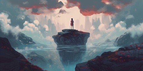 Fantasy landscape showing a woman standing on a rock floating in midair, digital art style, illustration painting