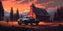 Man With His Truck Standing In Front Of The Old Church In Forest At Sunset, Digital Art Style, Illustration Painting