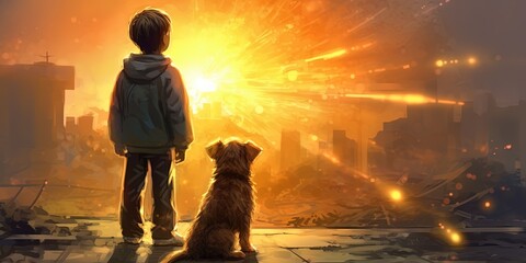 Puppy looking at the boy shattering into dust against the sutset background, digital art style, illustration painting