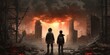 © Svitlana - Two brothers in the apocalyptic city with ash storm, digital art style, illustration painting