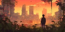 Young Man Standing In The Overgrown City At Sunset, Digital Art Style, Illustration Painting