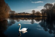 At The Edge Of A Tranquil Lake, A Lone Swan Glides Gracefully On The Still Waters, Its Reflection Mirrored In Perfect