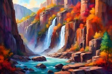 A Rainbow-hued Waterfall Flows Through A Canyon, Painting The Rocks With A Vivid Palette