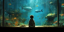 Boy Watching Fish In The Aquarium.