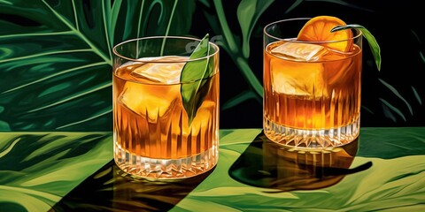 Two Whiskey Cocktails Under a Monstera Leaf