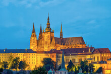The Castle With The St. Vitus Cathedral In Prague At Twilight 