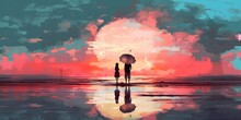 A boy looking at the mysterious woman with umbrella standing in the sea against sunset sky, digital art style, illustration painting