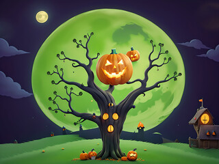 Happy halloween witch house pumpkin tree and moon with happy face on green dark night background, catton illustration, ai generated