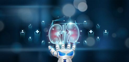 Wall Mural - Human kidney organ inside cube float in doctor robot hand on hospital background. Health care system innovative technology medical futuristic AI artificial intelligence cybernetic robotics. Vector.