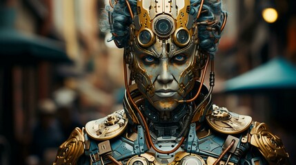 Poster - The face of a cyborg robot male, a mixture of human and computer artificial intelligence. 