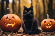 Sinister Halloween Black Cat And Orange Decorated Pumpkins In The Autumn Forest