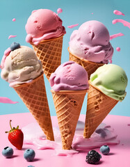 Wall Mural - ice cream with fruits, waffle cones with ice cream