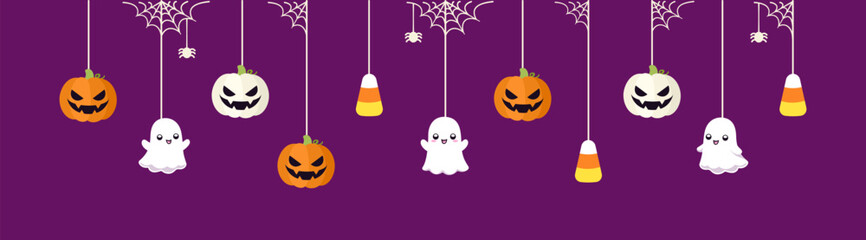 Wall Mural - Happy Halloween border banner with ghost, candy corn and jack o lantern pumpkins. Hanging Spooky Ornaments Decoration Vector illustration, trick or treat party invitation