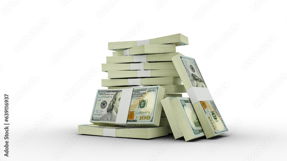 3d rendering of Stacks of 100 US dollar notes. bundles of United states ...