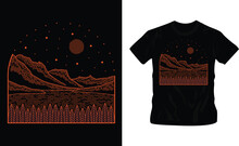 Cosmic Landscapes With Stars And Galaxies St. Lake Mary In Montana Glacier National Park In Mono Line Style For Badges, Emblems, Patches
