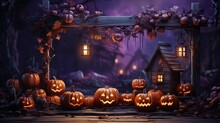 Halloween Welcome Signboard Mockup With Pumpkins, Lantern And Fallen Leaves. Purple Board With Autumn Holiday Decoration With Copy Space. Generated AI.	