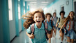 Joyful diverse school children sprinting down the hallway at school. Back to school concept with a modern background.

Generative AI