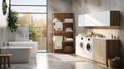 An efficient modern bathroom with white washer and dryer. created by generative AI technology.