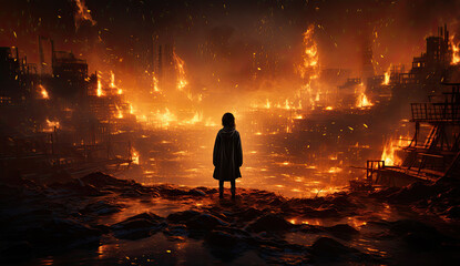 Wall Mural - A girl standing in the front of burning city. created by generative AI technology.