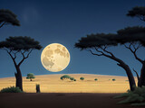 Savannah landscape with acacia trees at night vector cartoon illustration, ai generated