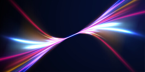 Fototapete - Horizontal night road in the form of a panorama with neon lights. Car motion trails. Speed line motion vector background. 