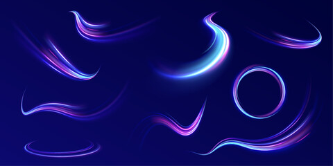 Fototapete - Red blue motion police line, horizontal light rays. Abstract vector fire circles, sparkling swirls and energy light spiral frames. Luminous stripes on a transparent background. Vector.