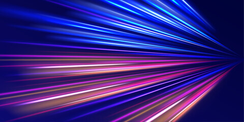 Fototapete - Curved light trail stretched upward. Fast speed car. Acceleration speed motion on night road. City light trails motion background. Illustration of high speed concept. 