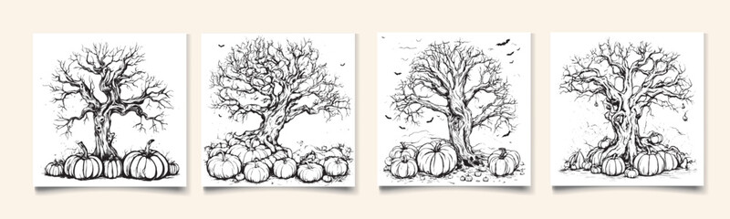 Wall Mural - Halloween scary tree vector with halloween pumpkin sketch isolated on white background. Halloween tree in vintage style and pumpkin vector illustration.