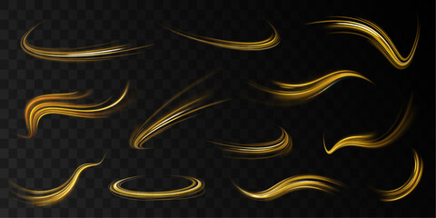Poster - Glittering wavy trail. Golden glowing shiny spiral lines effect. Curved yellow line light. Rotating shining rings. Shine magic gold swirl with flare sparkles Vector	
