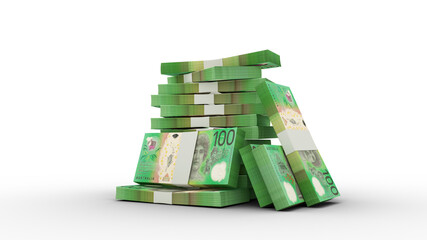 3d rendering of Stacks of 100 Australian dollar notes. bundles of Australian currency notes isolated on transparent background