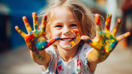 young girl engaging with colorful paints, hand covered in vibrant hues. concept of creative and happ