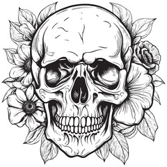 Wall Mural - Human skull in flowers sketch hand drawn in engraved style. Vector illustration. For banners, advertisements, posters, backgrounds, invitations.