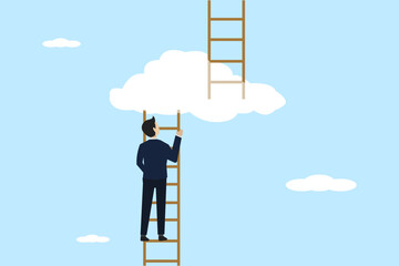 Wall Mural - Progress to the next level, upgrade business to achieve better quality, growth concept evolve, ambitious entrepreneur climb ladder to cloud level to reach next level.