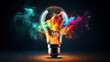 Creative light bulb bursting with vibrant paint and splatters against a dark background. A concept for thinking differently and fostering creativity.

Generative AI