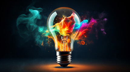 Creative light bulb bursting with vibrant paint and splatters against a dark background. A concept for thinking differently and fostering creativity.

Generative AI