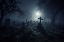 Graveyard In Creepy Forest In Dark Night Gloomy Creepy Graves. Generative AI