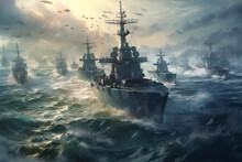 Warship In The Stormy Sea. 3D Illustration