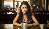 Fototapeta  - Young lady makes an angry face like she's starving and demanding food, while sitting at a restaurant table, hangry concept