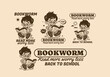 Bookworm, read more worry less, illustration of a little boy sitting and reading a book