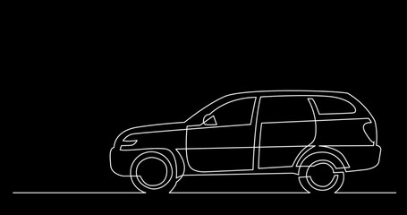 Sticker - continuous line drawing vector illustration with FULLY EDITABLE STROKE of car on black background