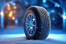 Winter wheel tires in the snow as a car safety concept panorama, 3d render illustration Generative AI