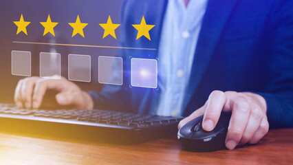 5 star rating. Businessman customer giving five star rating, Review, Service rating, Satisfaction, Customer service experience and feedback review satisfaction.